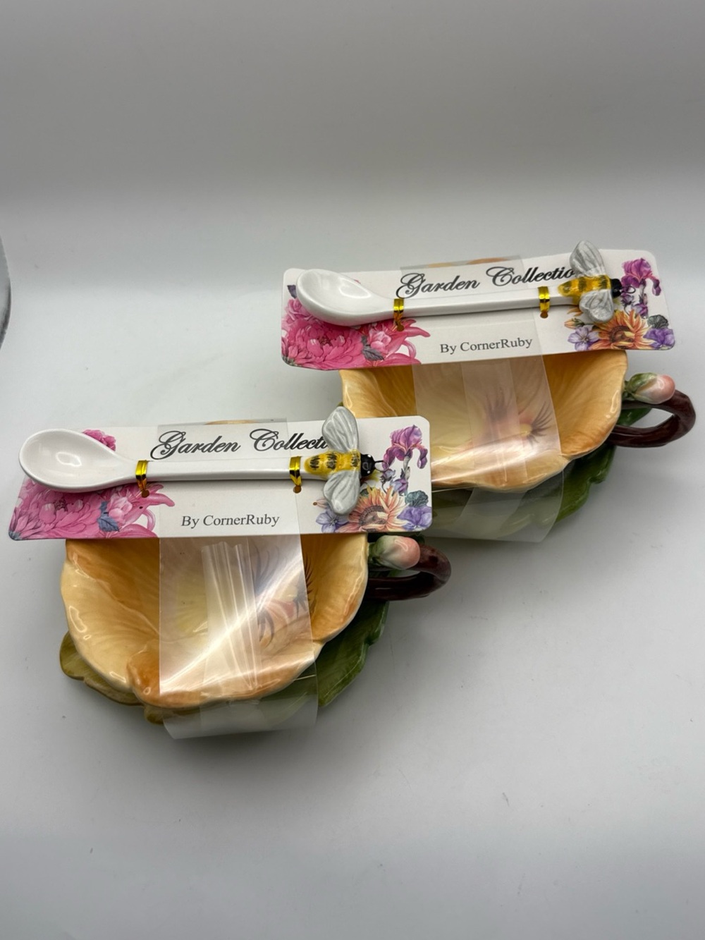 2 Corner Ruby Garden Collection Yellow Pansy Flower Cup & Leaf Saucer Bee Spoon